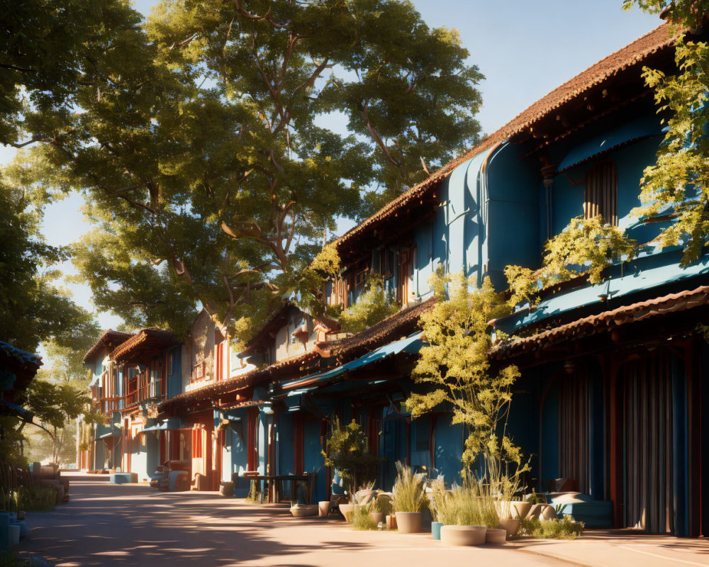 Traditional Blue Houses with Wooden Balconies on Tranquil Street