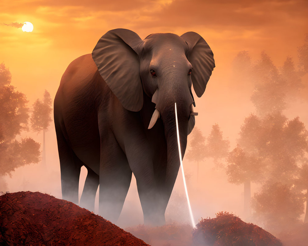 Majestic elephant in misty sunlit forest at dusk