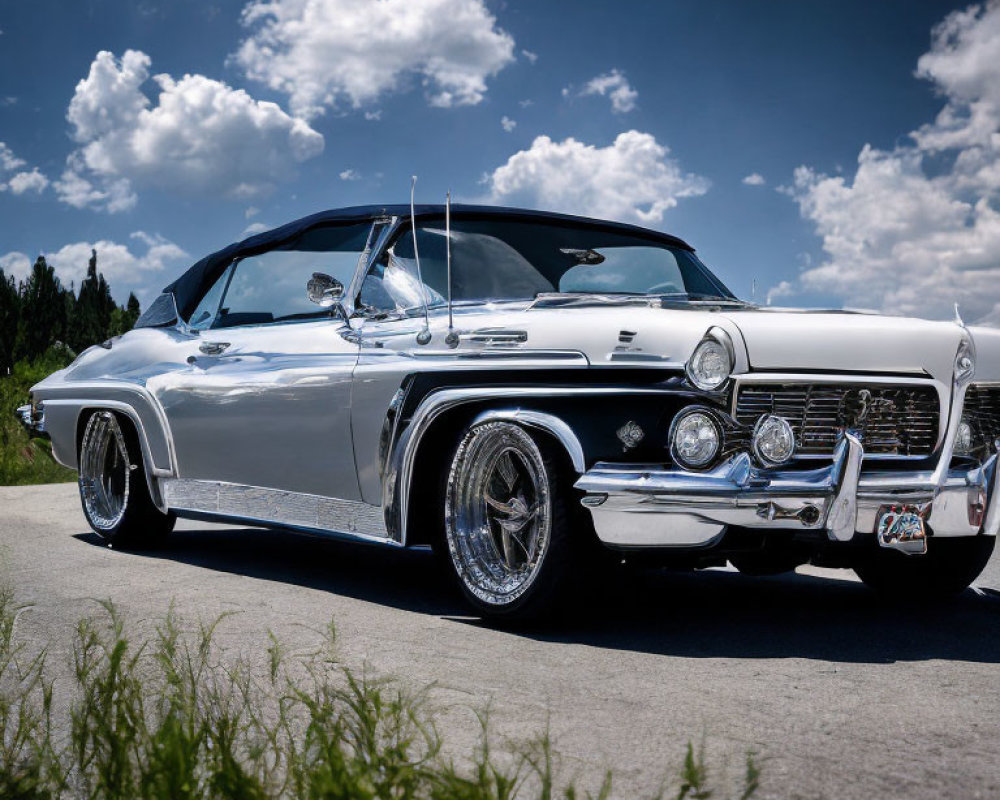 White Convertible Car with Chrome Details Under Blue Sky