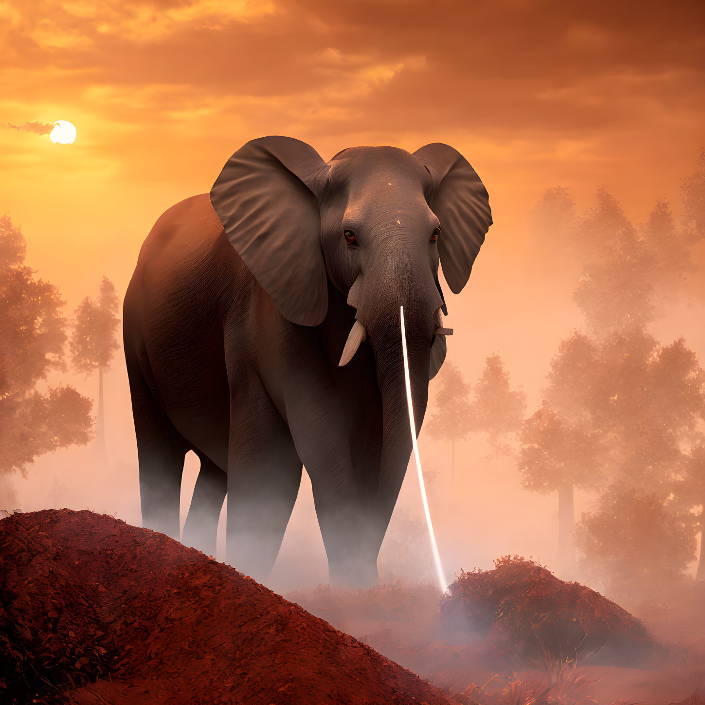 Majestic elephant in misty sunlit forest at dusk