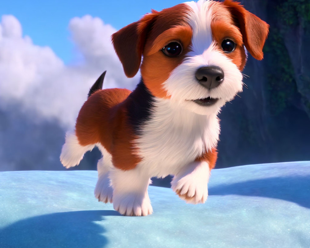 Brown and White Fur Animated Puppy on Icy Surface