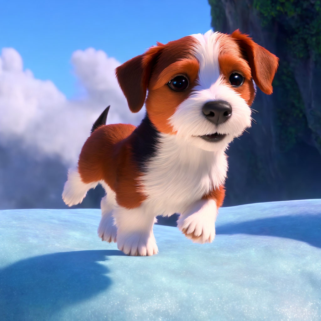 Brown and White Fur Animated Puppy on Icy Surface