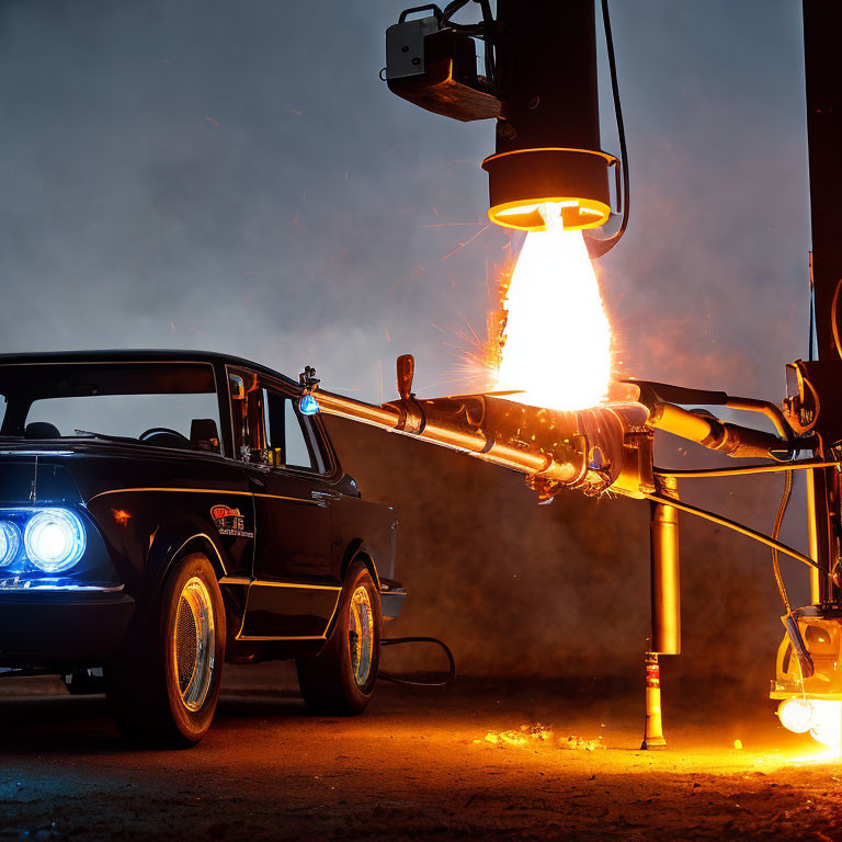 Customized classic car undergoes extreme heat customization at night.