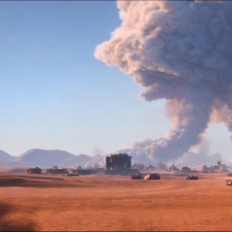 Military convoy moves through desert with smoke plume in background