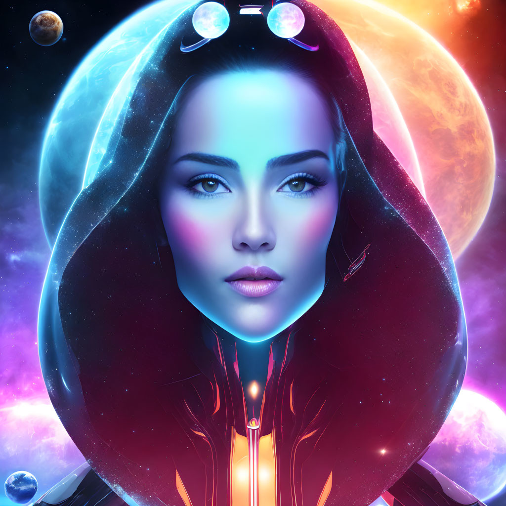 Colorful digital artwork of woman in space helmet with cosmic background