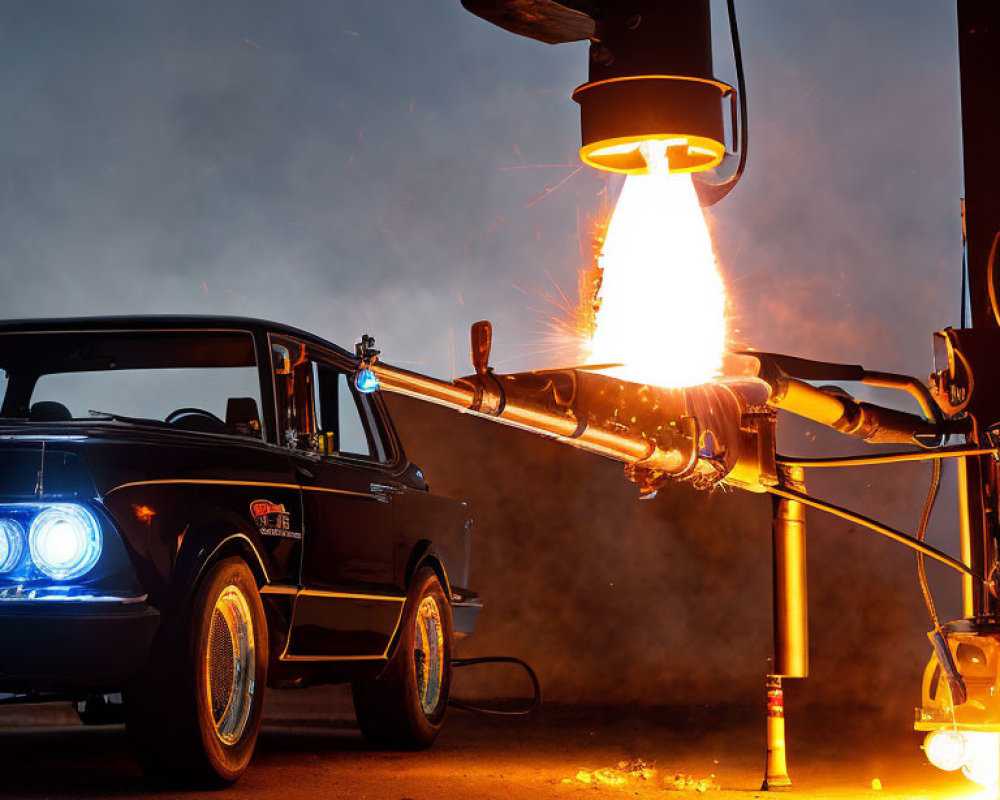 Customized classic car undergoes extreme heat customization at night.