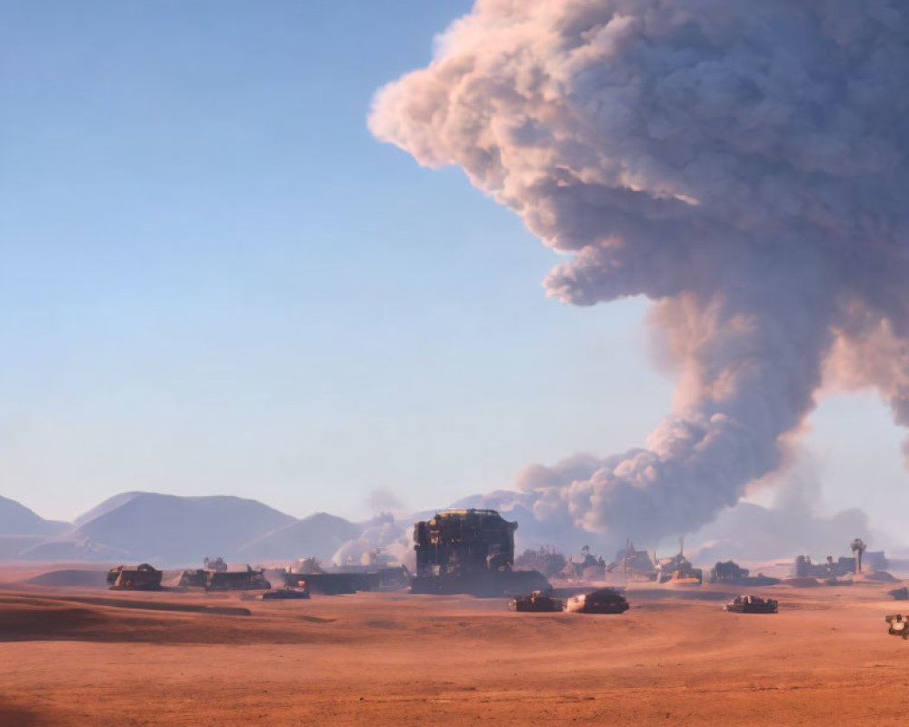 Military convoy moves through desert with smoke plume in background