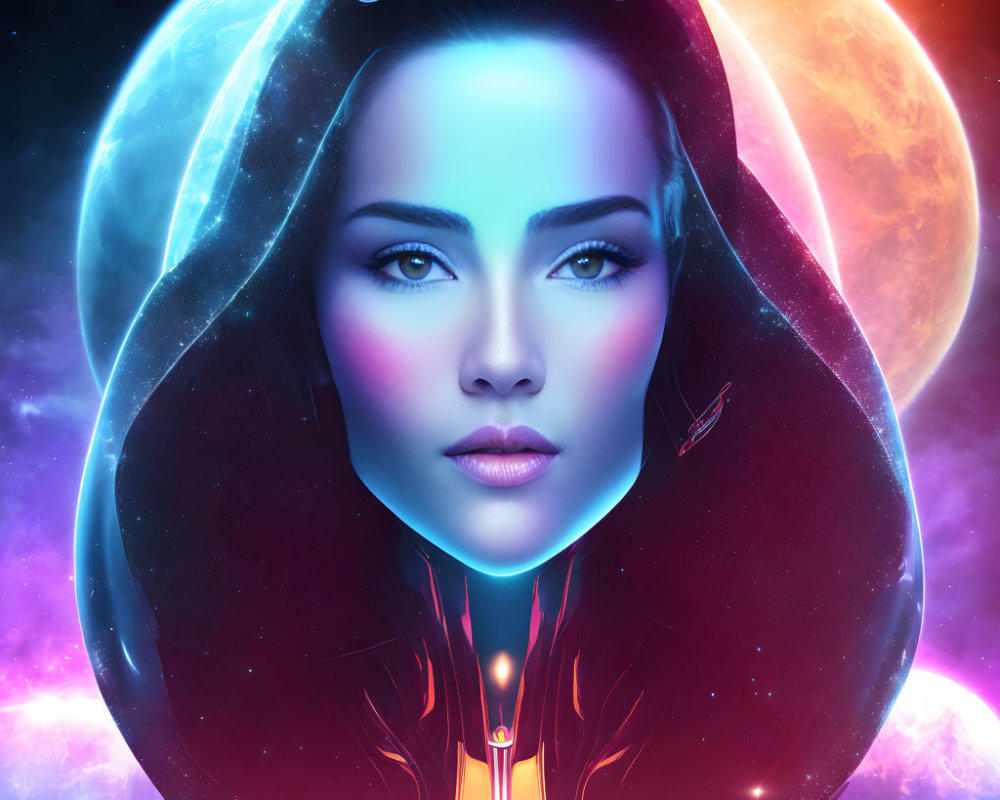 Colorful digital artwork of woman in space helmet with cosmic background