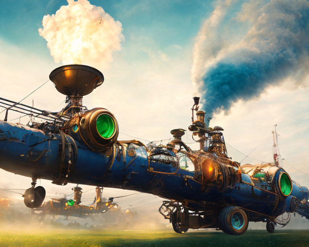 Fantasy steampunk airship flying over grassy field with smoke, in ambient light