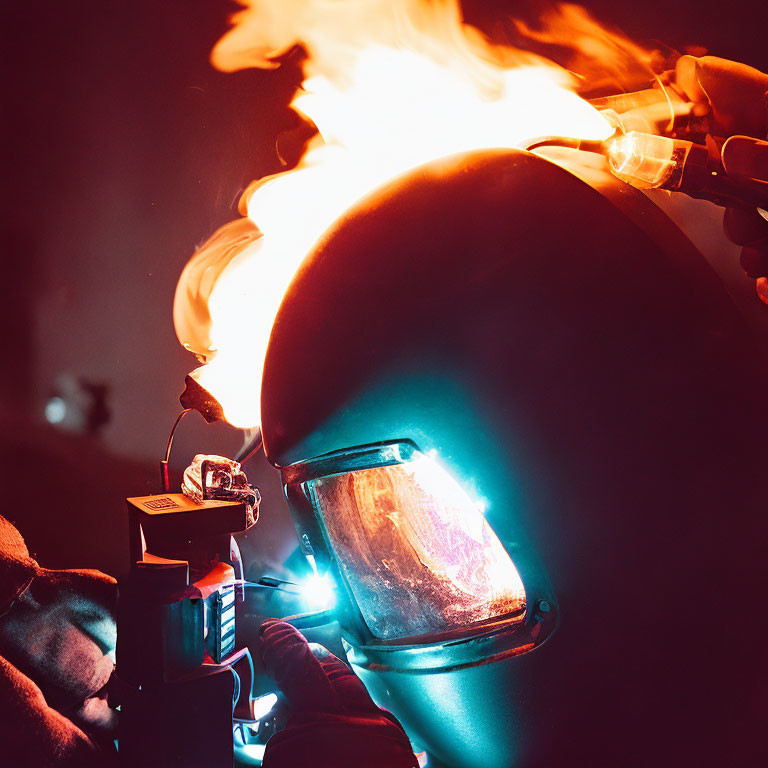 Welder in protective gear with fiery spark in visor at night