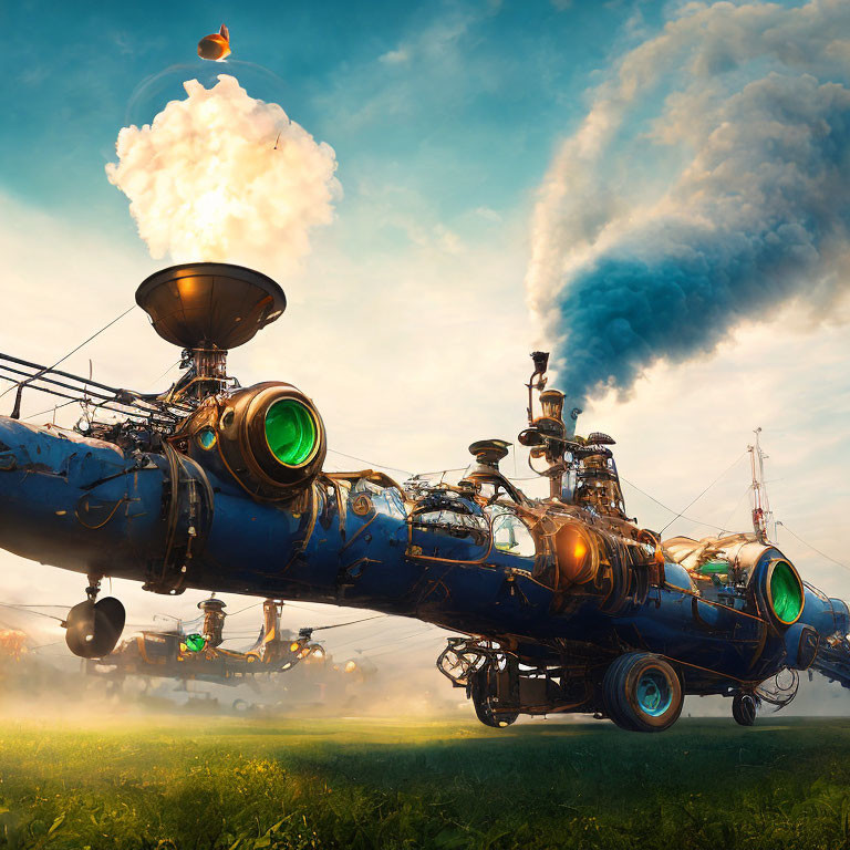 Fantasy steampunk airship flying over grassy field with smoke, in ambient light