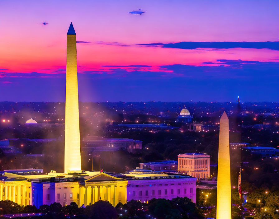 Washington D.C. Twilight Scene with Monument and Capitol in Purple Sky