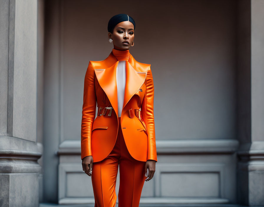 Stylish individual in orange suit with belt and turtleneck poses against grey columns