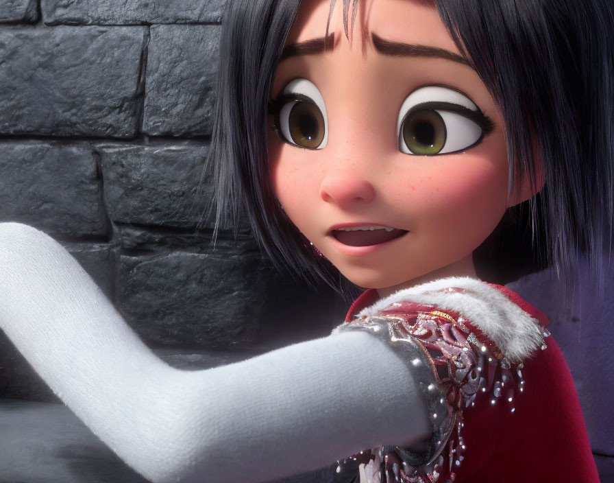 3D animated young girl in red and white outfit with expressive eyes