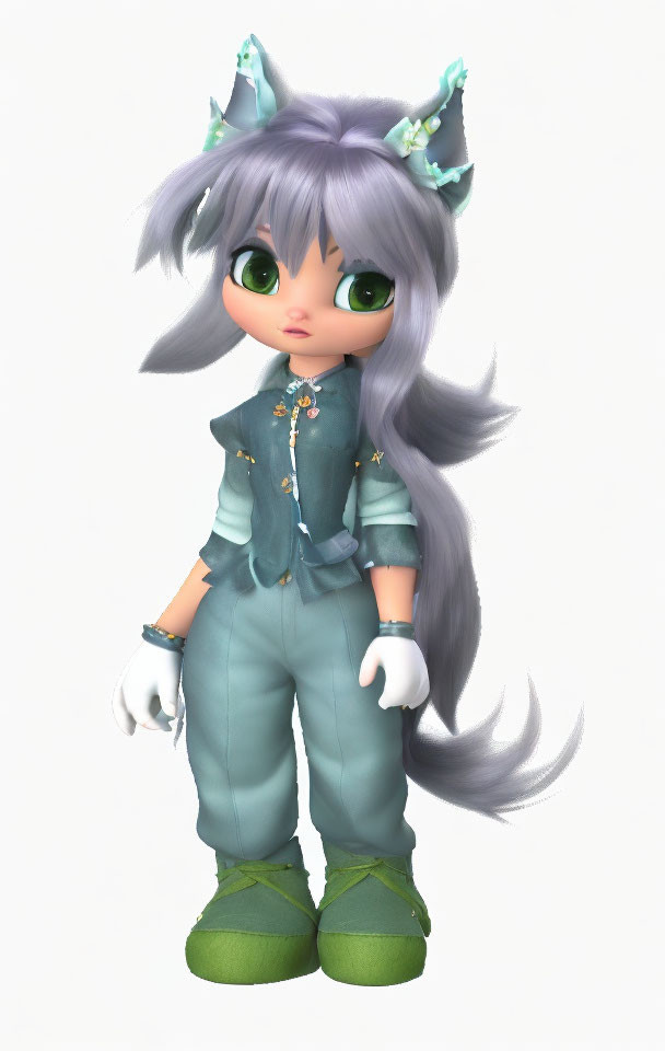 Anime-style 3D illustration of character with grey hair, green eyes, dragon horns, blue outfit