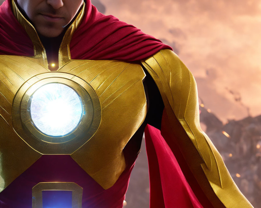 Superhero in red cape and golden armor with glowing chest piece on cloudy sky.