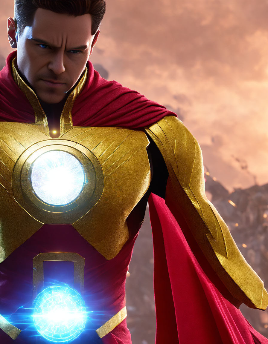 Superhero in red cape and golden armor with glowing chest piece on cloudy sky.