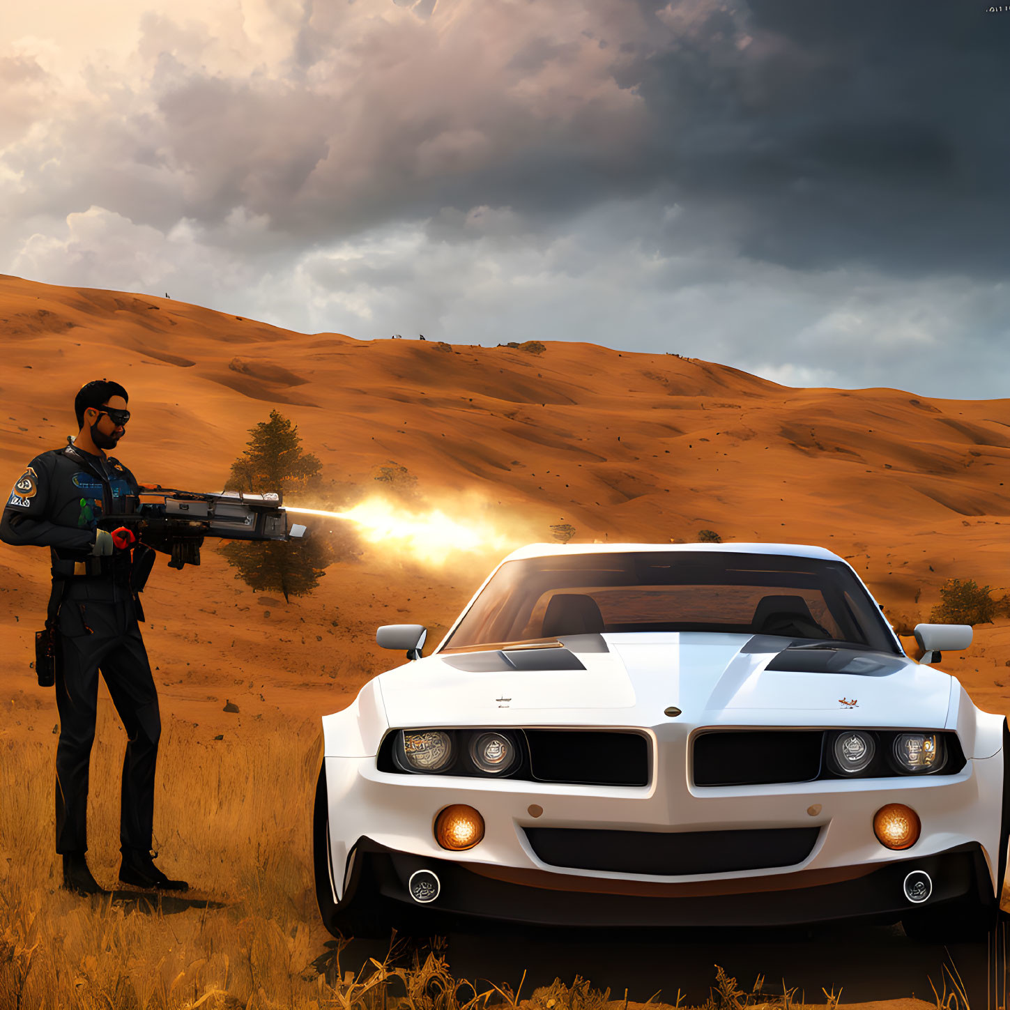 Police officer in blue uniform firing weapon next to white sports car in golden field.