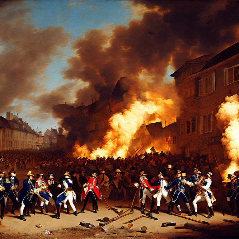 18th-Century Urban Battle Oil Painting with Soldiers in Smoke