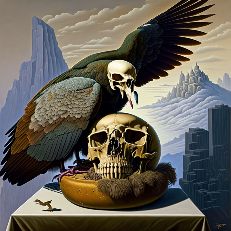 Surreal painting of vulture on human skull with rocky mountains & cloudy skies