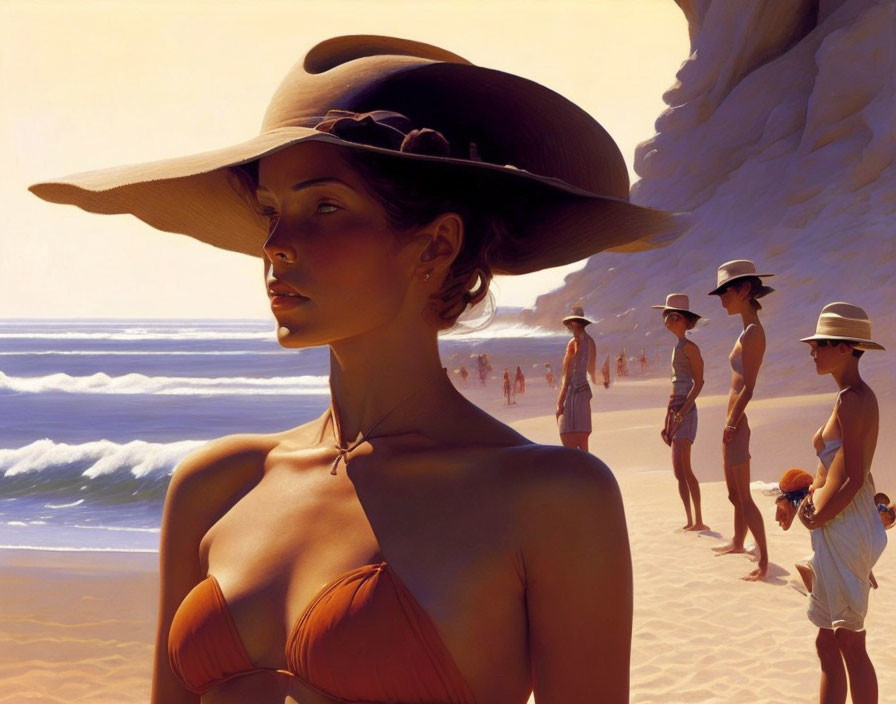 Woman in Sunhat on Beach with Waves and People in Background