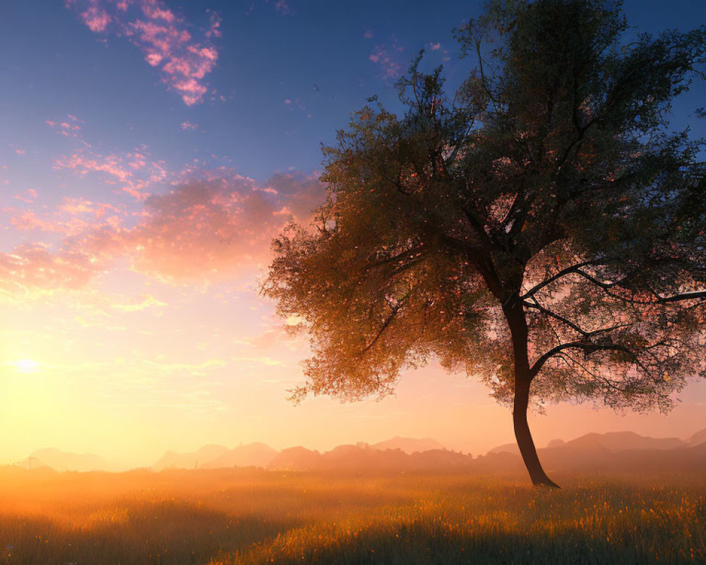 Serene sunrise scene with lone tree, tall grass, distant mountains, and pink clouds