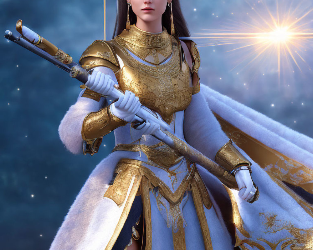 Female warrior in gold and white armor with spear under starry sky