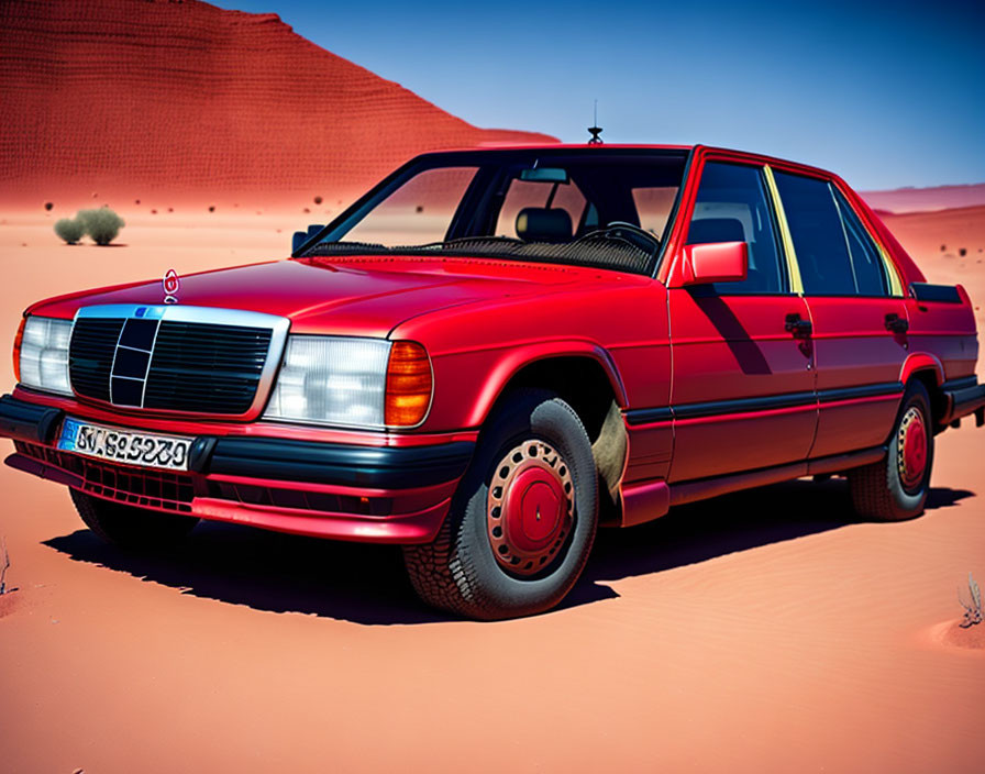 Vintage Red Mercedes-Benz Parked in Desert Landscape