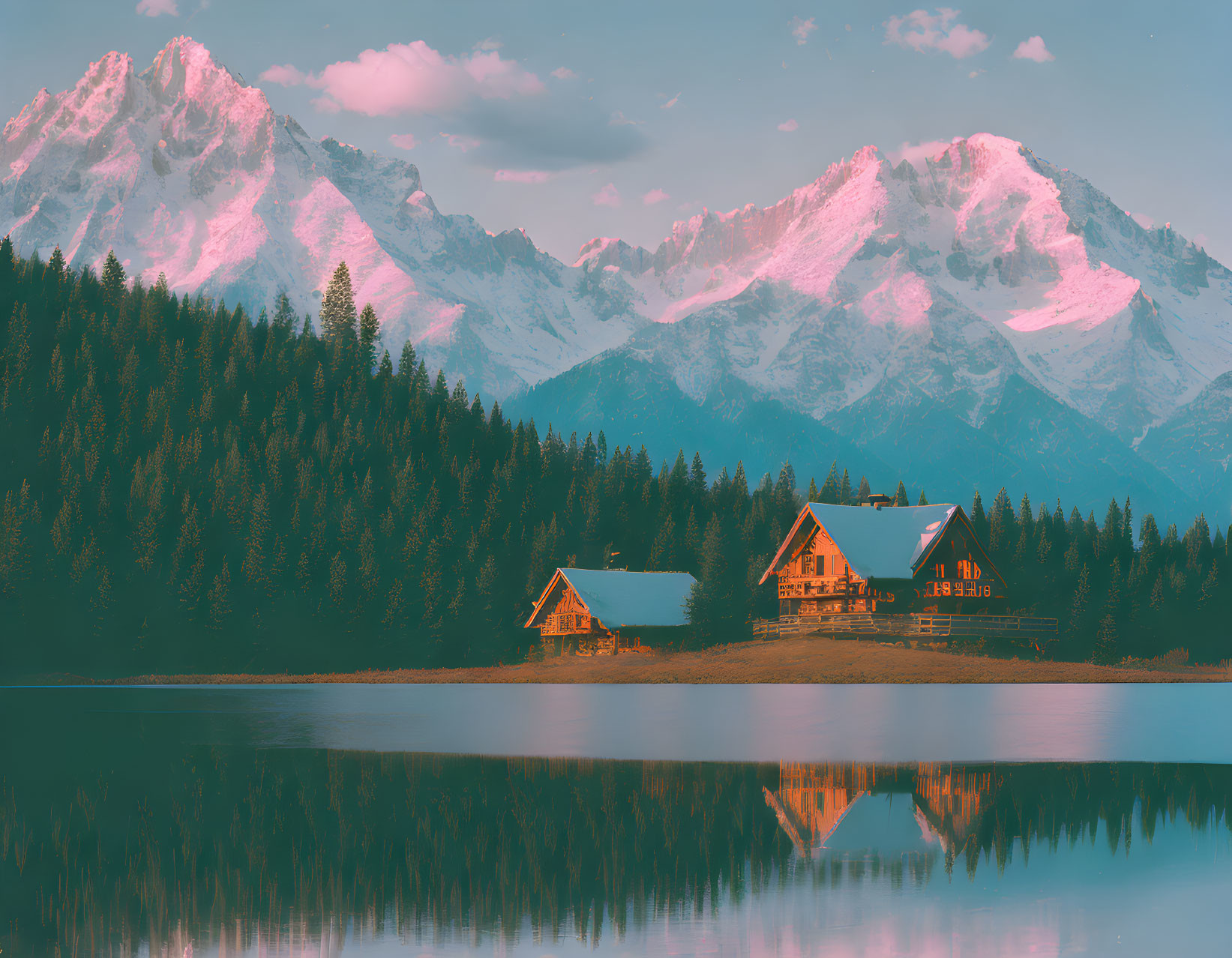 Scenic Alpine Lake with Snow-Capped Mountains and Cabins at Dusk