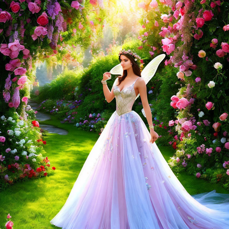 Woman in fairy costume with wings in magical garden path surrounded by vibrant flowers and greenery.