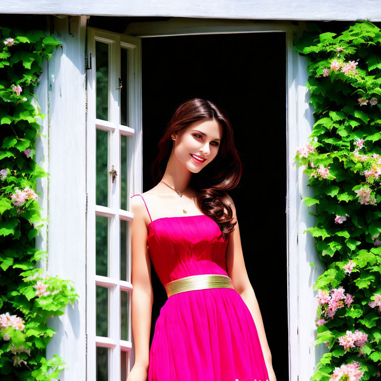 Smiling Woman in Pink Dress Surrounded by Green Vines