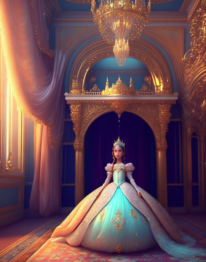 Regal figure in blue and gold gown in luxurious room