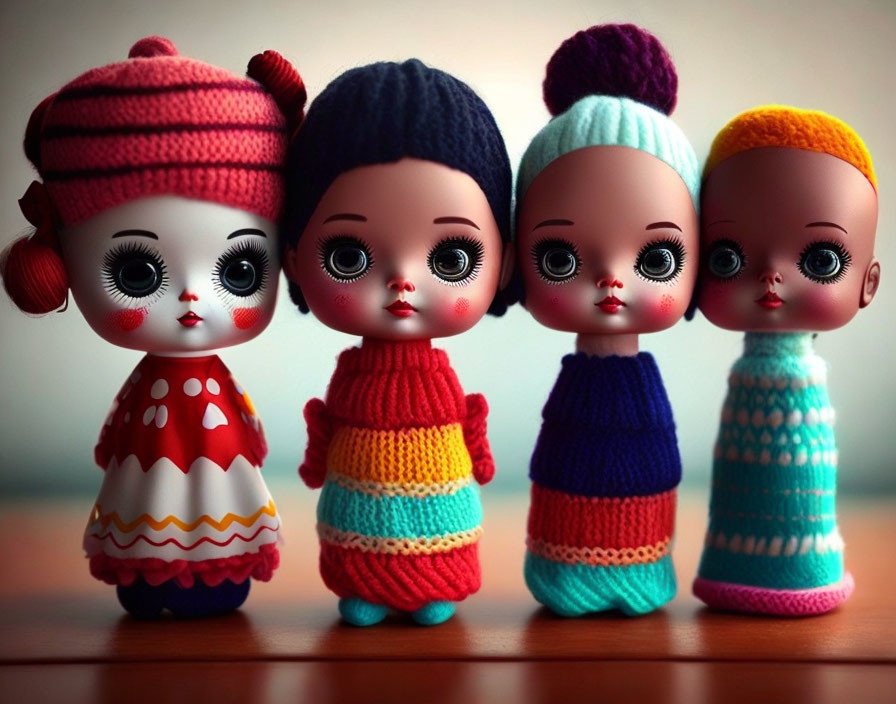 Four Colorful Dolls with Oversized Heads and Expressive Eyes Standing in a Row