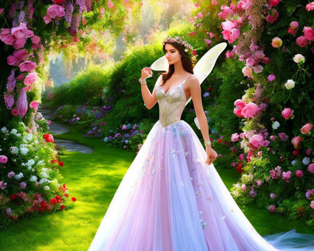 Woman in fairy costume with wings in magical garden path surrounded by vibrant flowers and greenery.