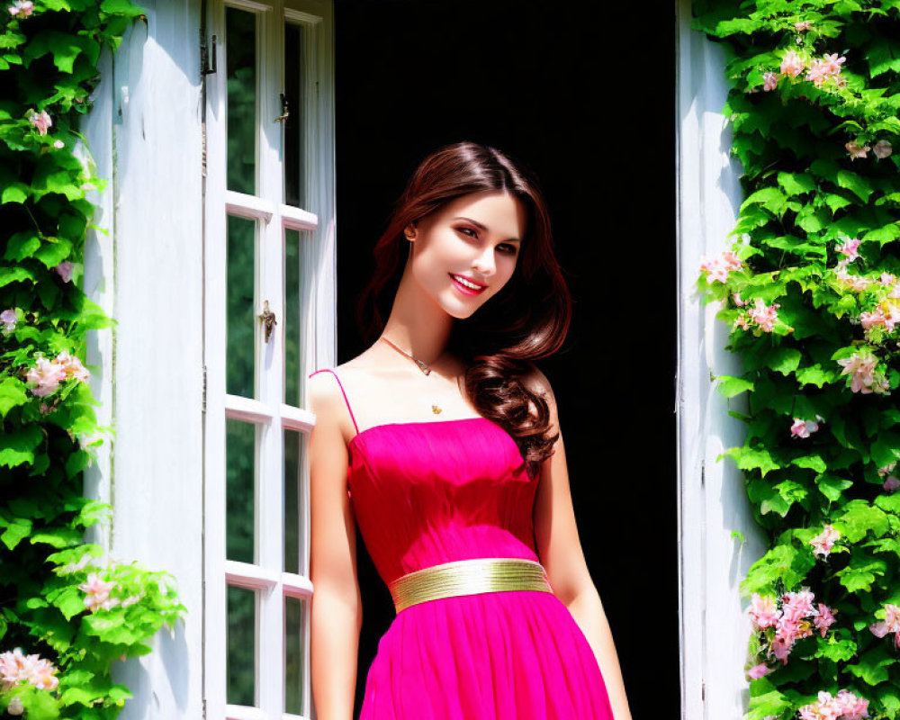 Smiling Woman in Pink Dress Surrounded by Green Vines