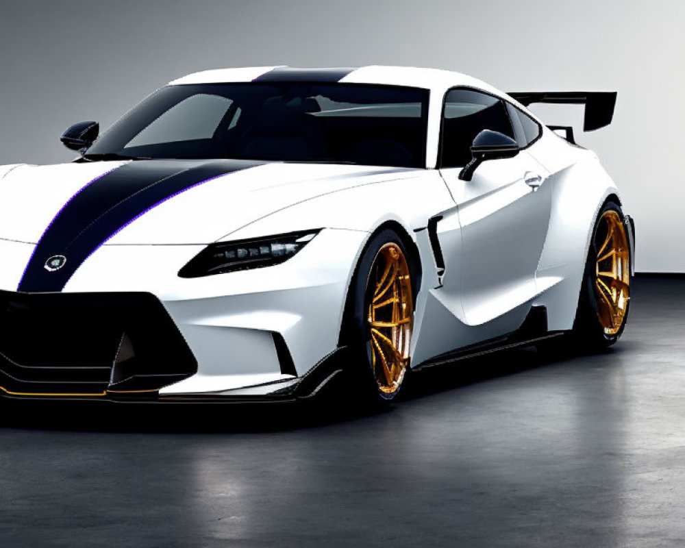 White Sports Car with Black Stripe and Gold Rims in Studio Lighting