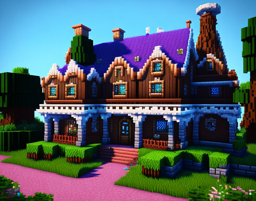 Pixelated house with purple roof and chimneys in vibrant landscape