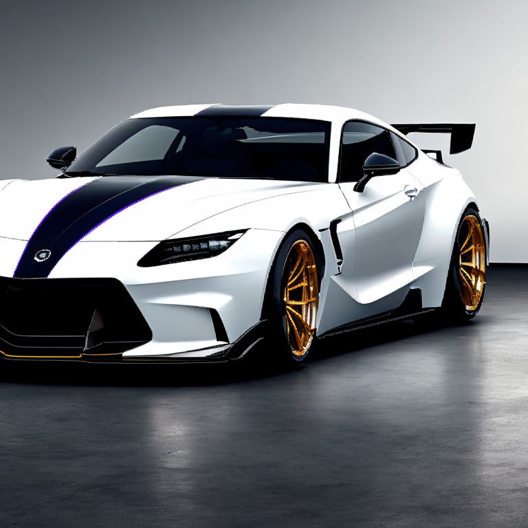 White Sports Car with Black Stripe and Gold Rims in Studio Lighting