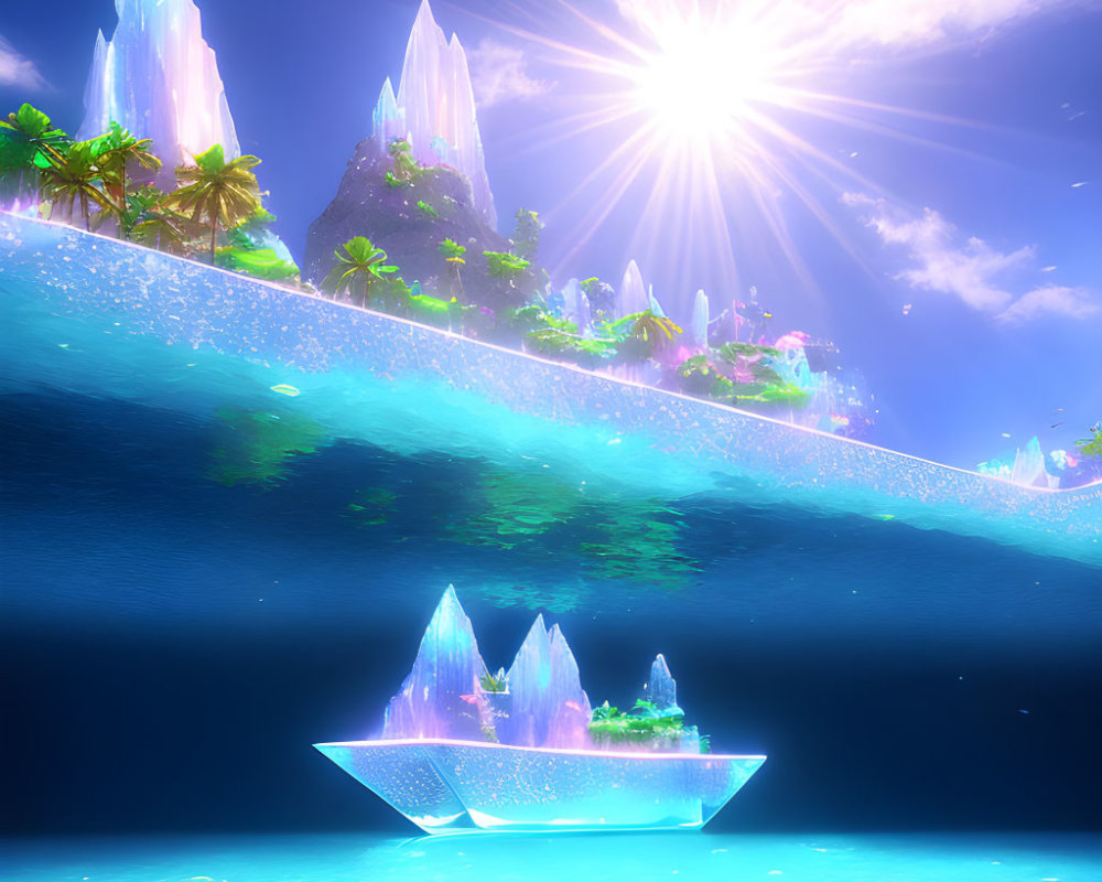 Fantastical image of floating islands with crystalline structures and palm trees