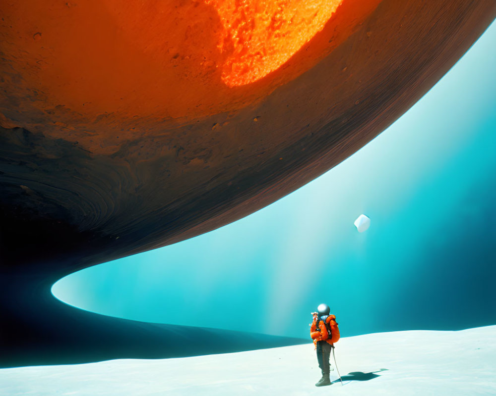 Astronaut on Snowy Surface Gazes at Giant Orange Planet