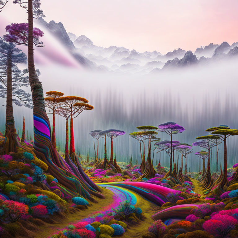 Colorful striated trees and misty valley in vibrant fantasy landscape