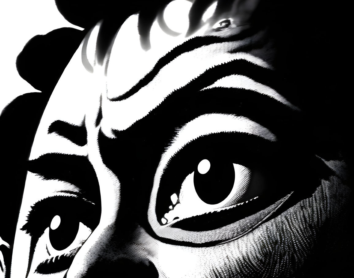 Monochrome tiger face close-up with bold eyes and stripes