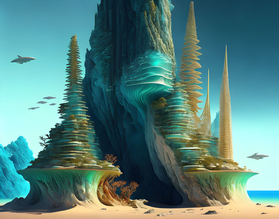 Surreal landscape with spire-like structures on sandy beach