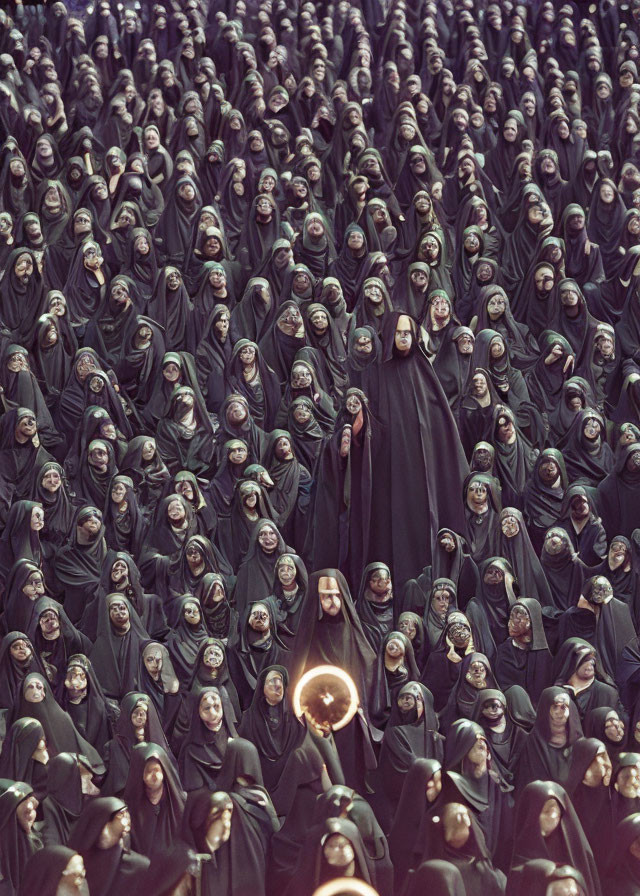 Group of Figures in Dark Cloaks with Central Glowing Orb