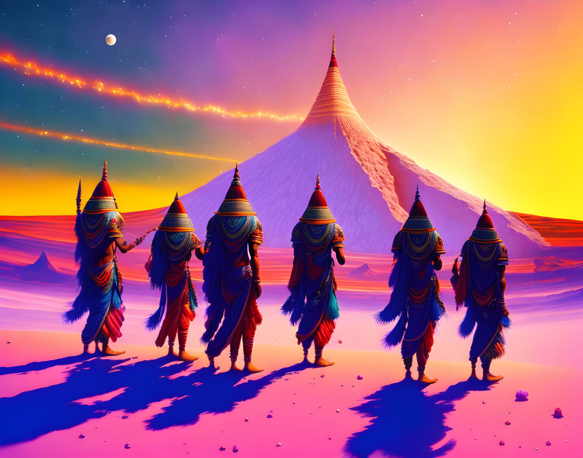 Robed Figures Walking in Colorful Desert Landscape