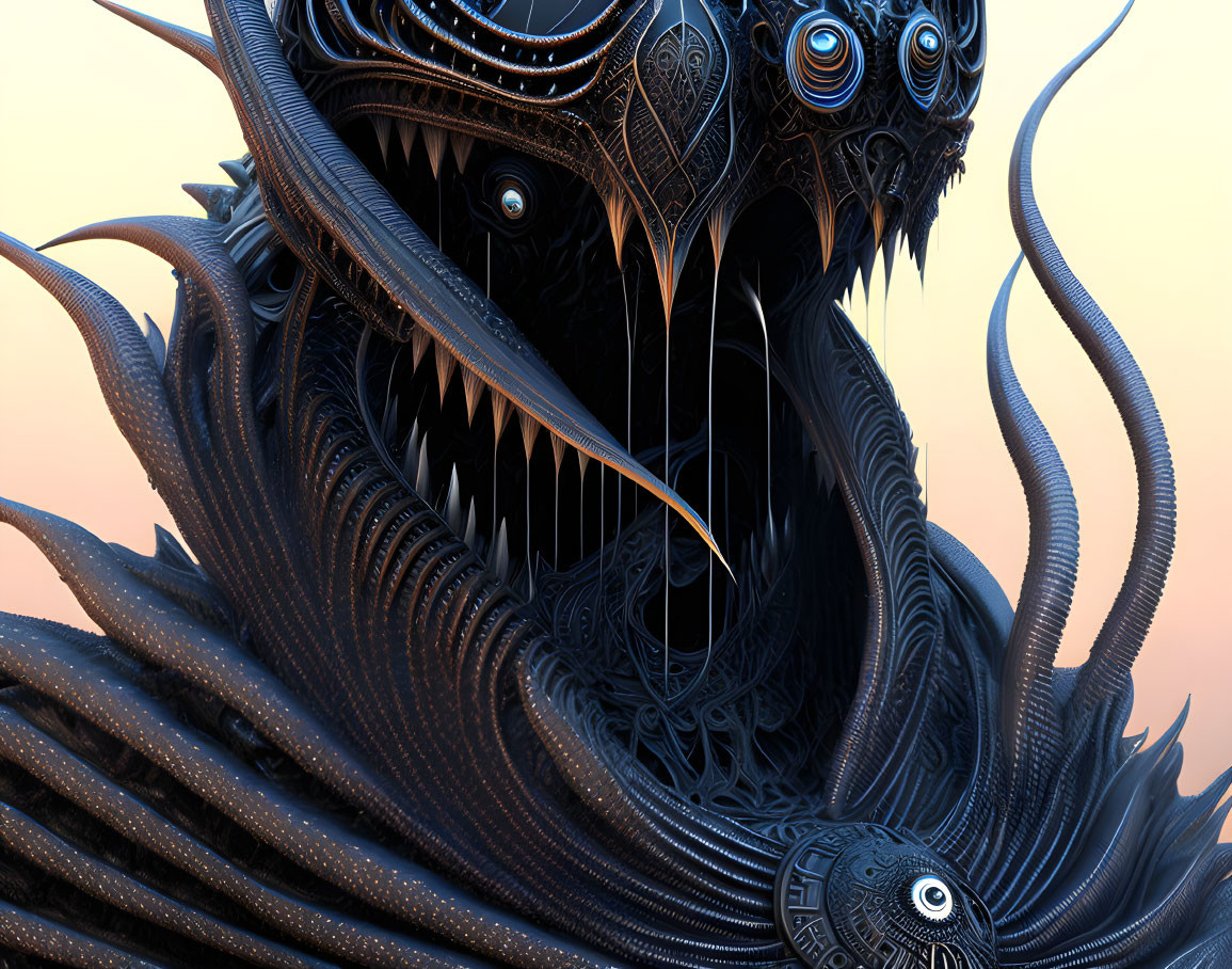 Detailed digital art: Fantastical creature with multiple eyes, sharp teeth, and tentacle-like append