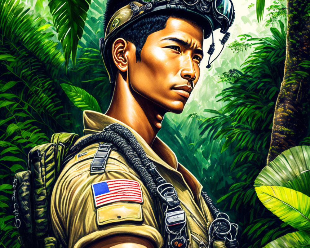 Soldier digital artwork featuring American flag patch in jungle setting