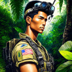 Soldier digital artwork featuring American flag patch in jungle setting