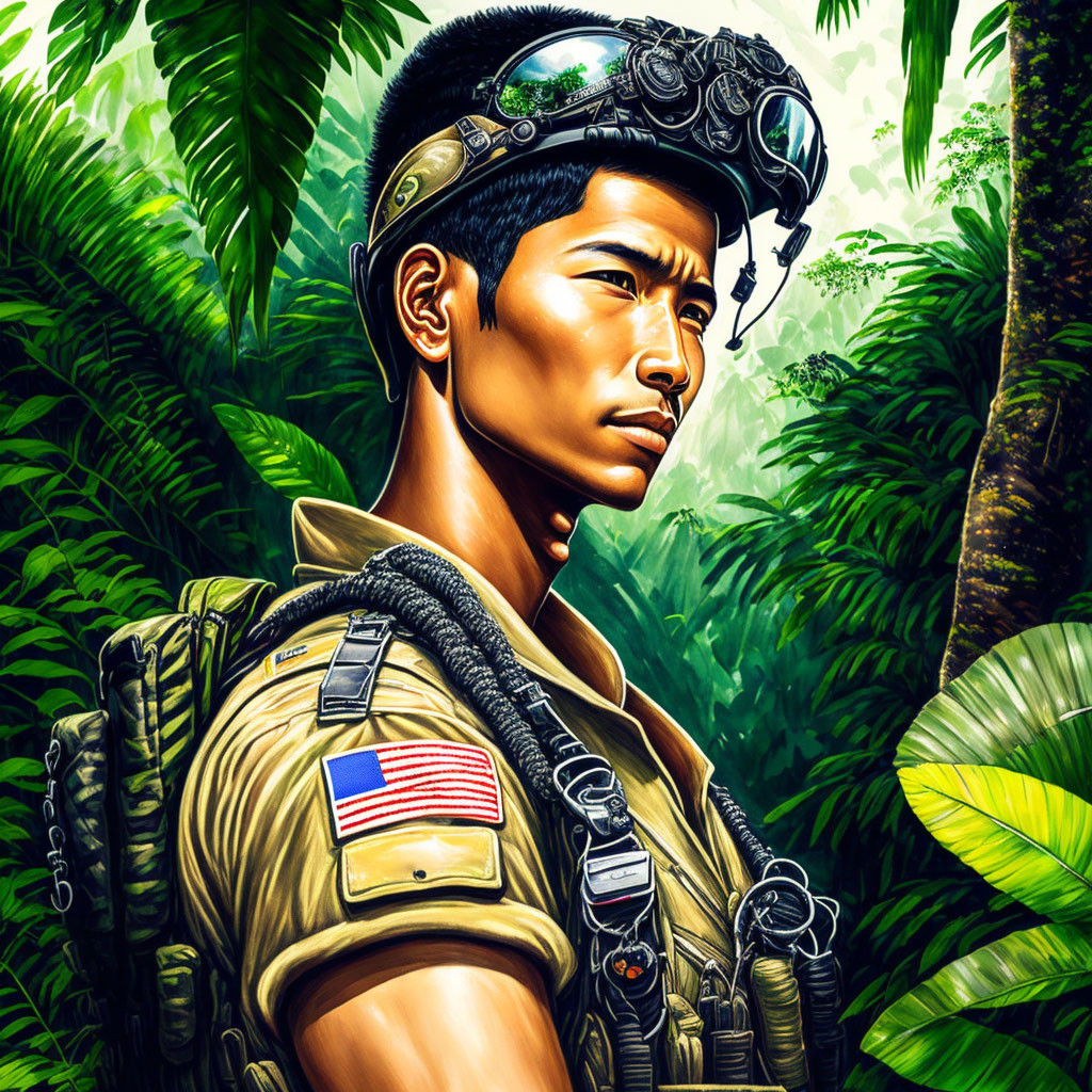 Soldier digital artwork featuring American flag patch in jungle setting