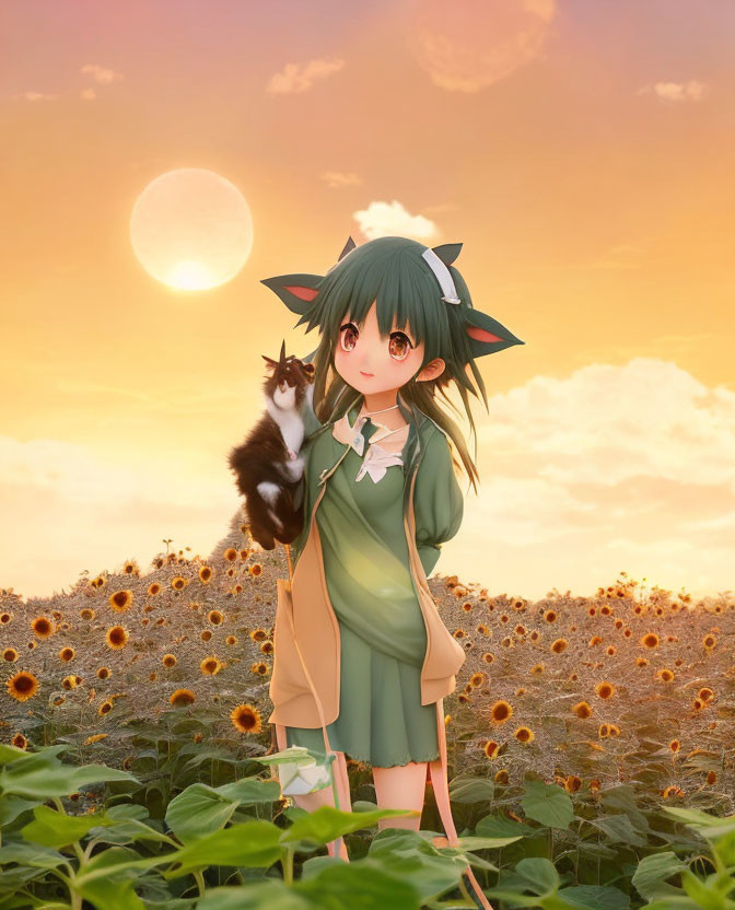 Girl with Green Hair and Cat Surrounded by Sunflowers at Sunset